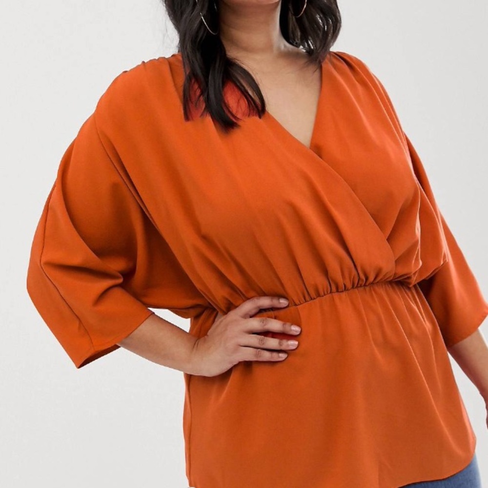 ASOS CURVE Wrap Top with Ruched Sleeves